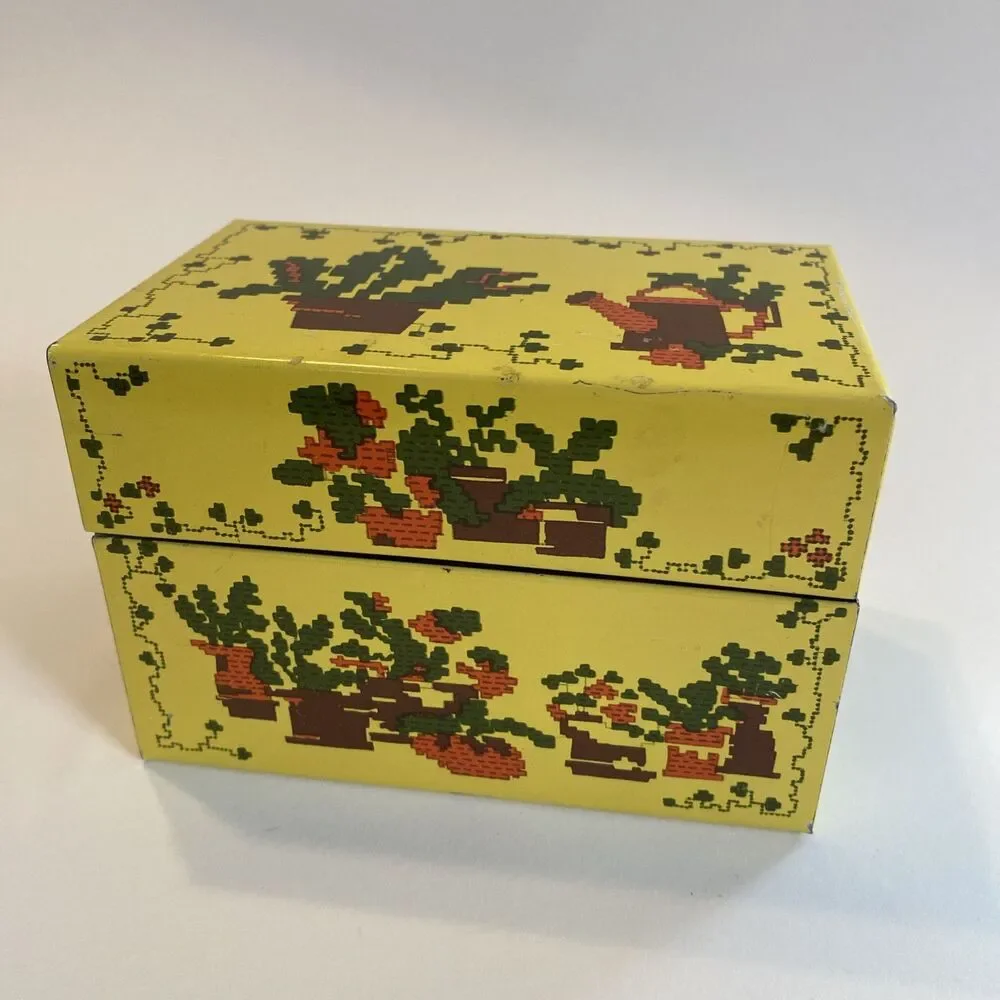 Vintage CROSS STITCH Themed Metal Recipe Box Floral Cactus Syndicate MFG Empty